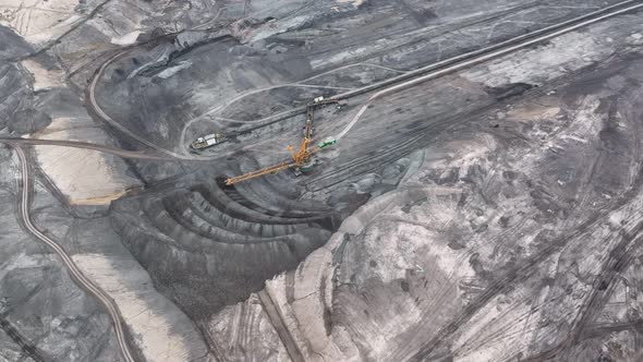 Brown Coal Opencast Mine Bucket Wheel Excavator Giant Vrsany Aerial Video Shot View Open Pit Lignite