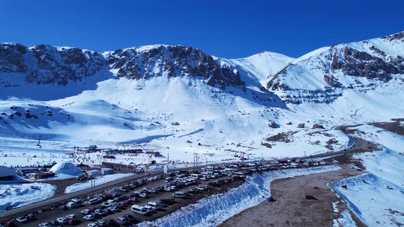 Ski station center at Andes Mountains. Snow winterness scenery. alt
