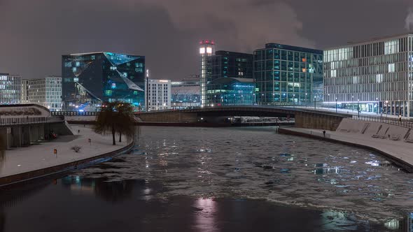 Snowy Night Time Lapse Berlin Central Station with Spree River, Berlin, Germany
