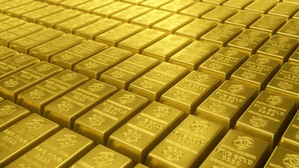 Endless motion of camera above infinite stacked gold bars. Loopable. HD alt