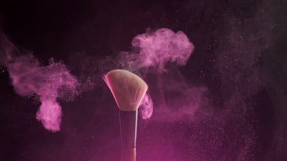Close Up Selective Focus Shot of Shimmer Powder Being Shaken Off Makeup Brush Slow Motion