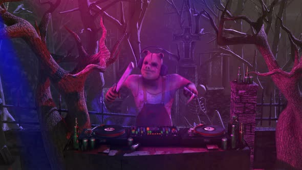 Butcher psycho killer DJ in a graveyard party alt