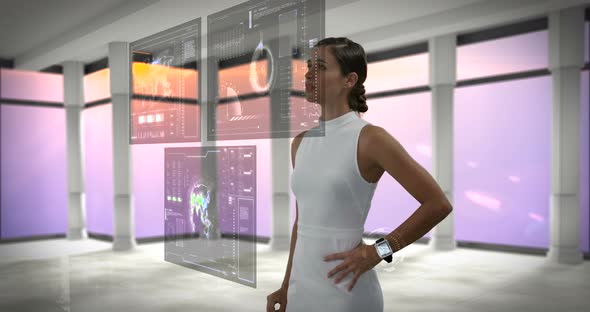 Businesswoman using digital screen alt