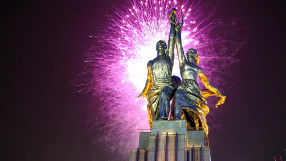 fireworks and soviet monument Rabochiy i Kolkhoznitsa, Moscow, Russia.Made of in 1937