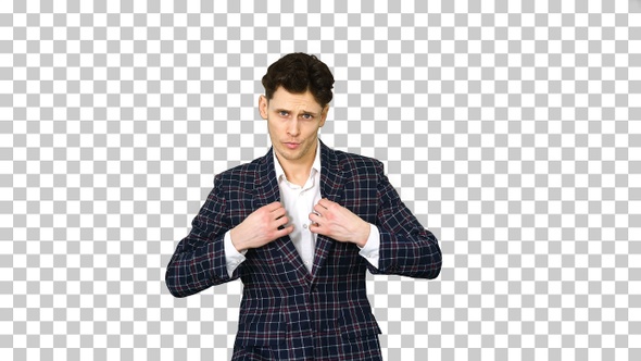 Man in formal business suit walks in and, Alpha Channel alt