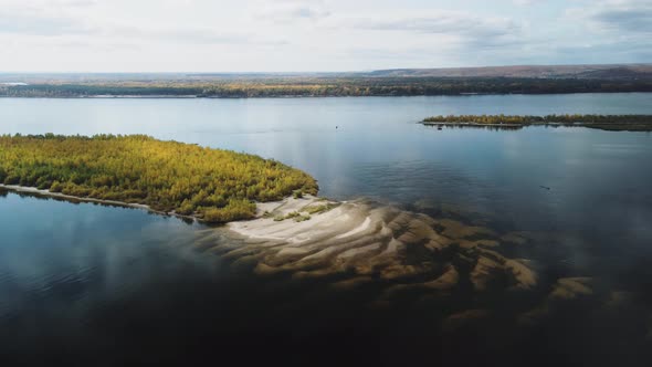 Aerial view of Bird island on the Volga river.