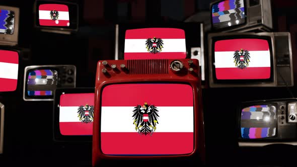 Flag of Austria and Retro TVs. 4K.