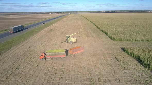 Combine and Truck Turn Around To Cut Corn for Silage alt