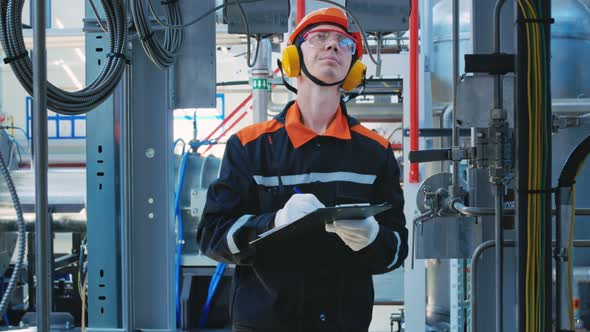An Engineer Technician in a Helmet Goggles and Headphones Writes Down Data on the Operation of alt