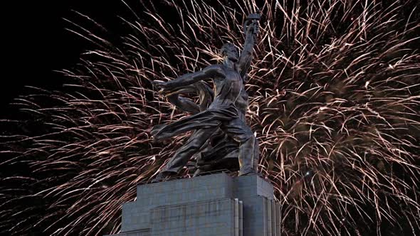 fireworks and soviet monument Rabochiy i Kolkhoznitsa, Moscow, Russia.Made of in 1937