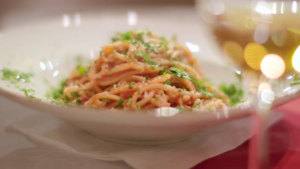 Closeup of the spaghetti pasta with parsley and cheese