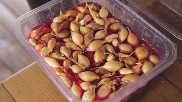 The Process of Soaking the Onion Bulbs in a Solution of Potassium Permanganate alt