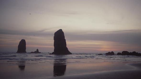 Sea stack in Ocean at Cannon Beach, Twilight, Oregon, USA alt
