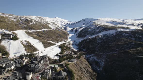 Sierra Nevada Ski Resort, Spain. Aerial view, snowy winter white scene