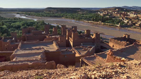 Gimbal Shot of Ksar of Ait-Ben-Haddou, an Ancient Fortified Village in Morocco alt