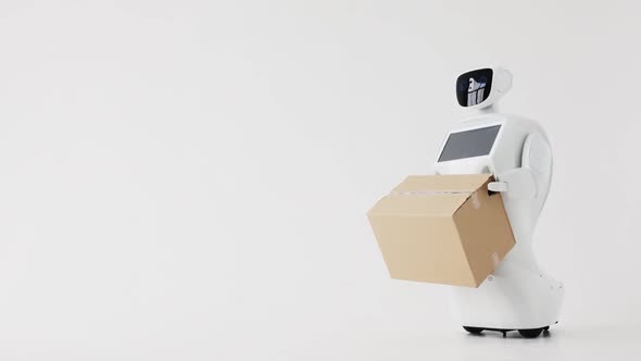 Humanoid Autonomous Robot with Cardboard Box in Hand.  Modern Robotic alt