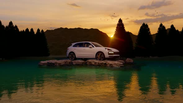 White Luxury Off-Road Vehicle Standing on Rocks at Sunset