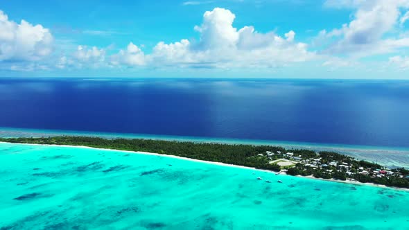 Aerial top view sky of perfect island beach vacation by blue sea and white sand background of a dayt alt