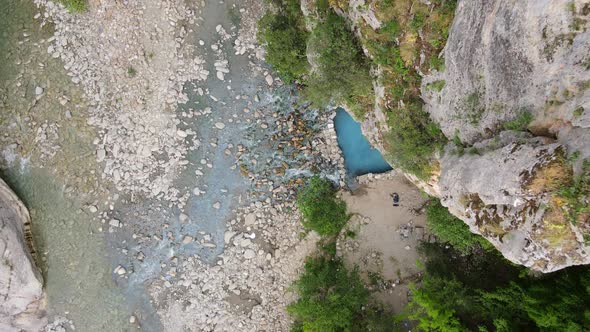 thermal water springs of Benja, Drone shot birds eye with vertigo effect. alt