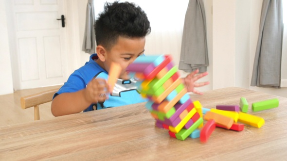 Cute Boy Lost Wood Block Tower Game alt