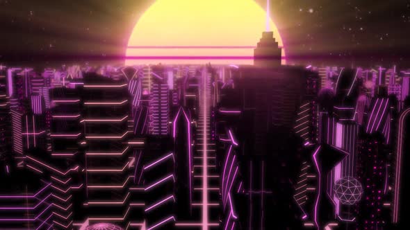 Fly Through Neon City Outrun Synthwave Buildings with 80s Retro Sun - 1080p