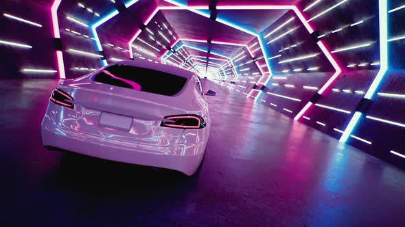 A White Car Drives Fast Through a Neon Tunnel