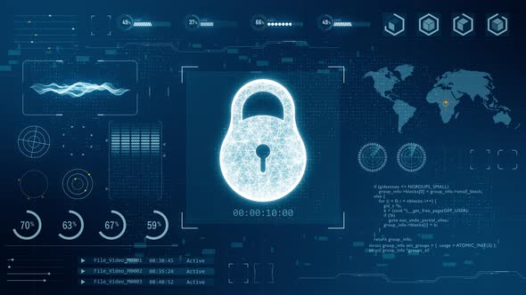 Blue digital 3D key logo with head up display background and futuristic technology security concept