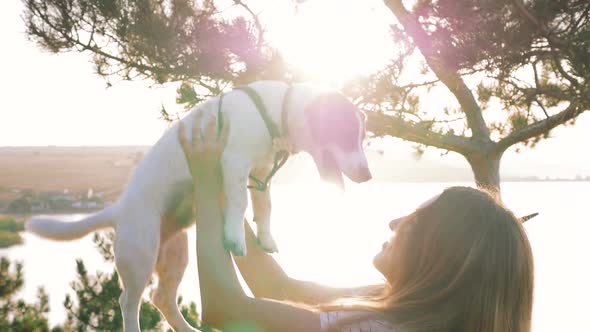 Young Attractive Woman Playing with a Dog Jack Russell in the Meadow at Sunset with Sea Background alt