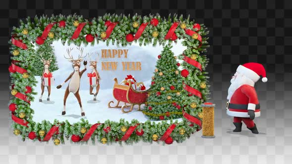 Santa Claus Stands And Presents On The New Year Screen alt