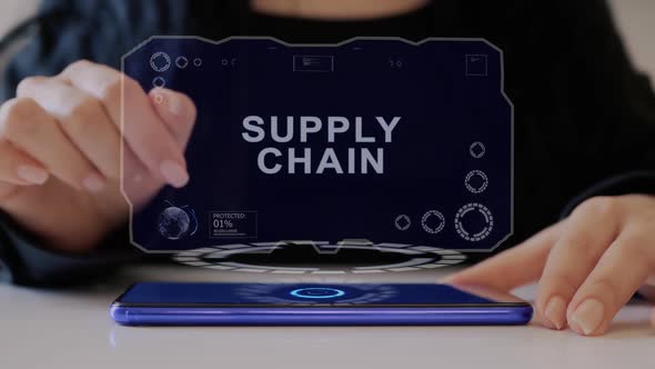 Female Hand Interacts Hologram Supply Chain