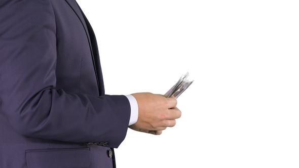 Businessman is counting money euros on white background. alt
