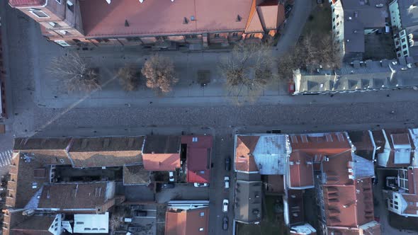 AERIAL: Top View of Coblestone Vilniaus Street in Kaunas Oldtown