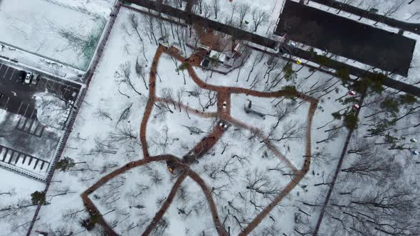 Gorky Central Park, winter aerial view in Kharkiv