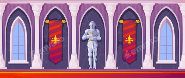 Cartoon Corridor Interior with Flags and Statue