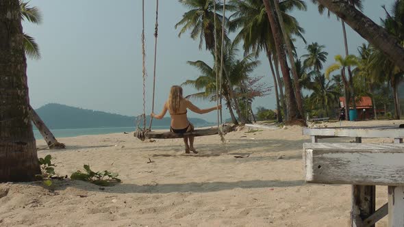 A Blonde with Long Hair in a Swimsuit Sways on a Swing Suspended From a Palm Tree Back View