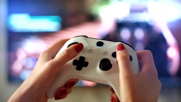 Gamer Playing On Video Game. TV Game Simulator Joystick. Joypad Controller Streamer Play. alt