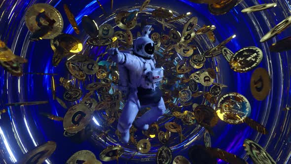Falling Astronaut in Outer Space Surrounded By Flying Dogecoins alt