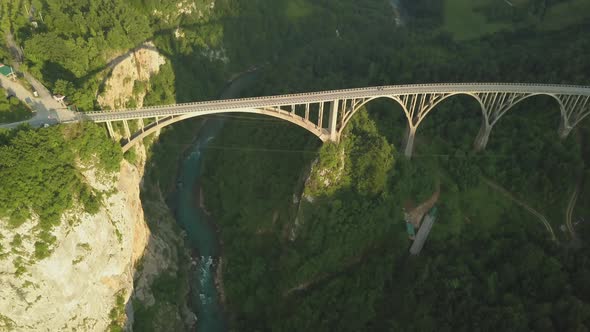 Djurdjevic Bridge Over the Tara River in Northern Montenegro. Aerial Footage