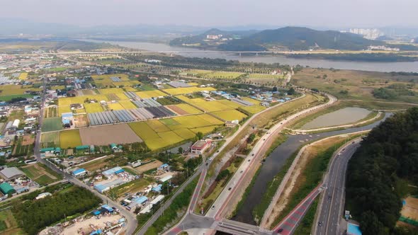 South Korea Gumi Plain Highway Building Housing Nakdong River Sports Park
