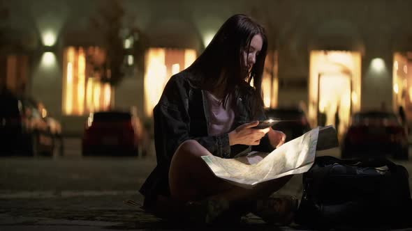 City Explorer Map Reading Trip Woman Tourist Night alt