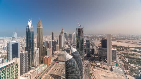 Skyline View of the Buildings of Sheikh Zayed Road and DIFC Aerial Timelapse in Dubai UAE alt