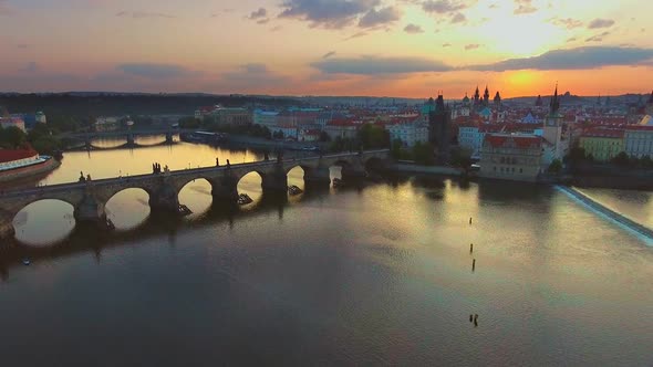 Aerial View of Prague City and River Vitava at Morning