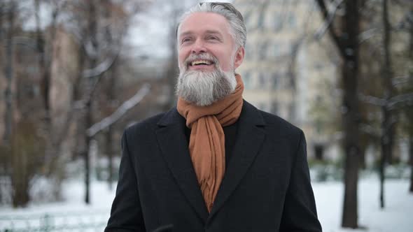 gray-haired bearded stylish man in coat outdoors on winter morning alt