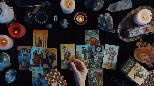 New York USA 1 May 2021 Fortune Teller Woman Reading a Future By Tarot Cards While Putting It alt