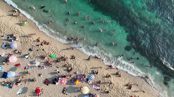 People swim in the azure sea aerial view 4 K Turkey Alanya alt