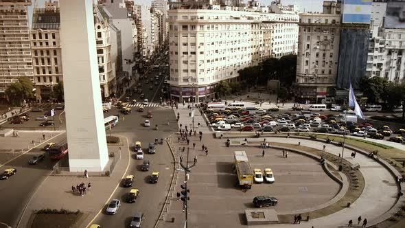 Aerial View of the Obelisco (Obelisk) and 9 de Julio Avenue, Buenos Aires Downtown, Argentina. 4K.