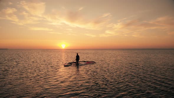 Silhouette of Woman Walking with Surfboard Along Calm Ocean
