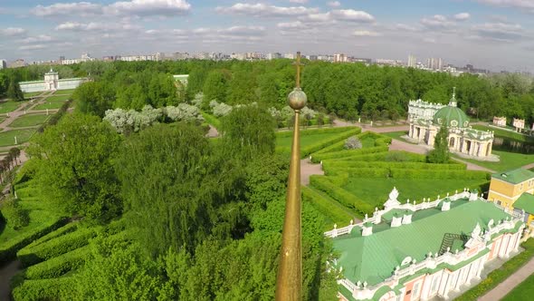 Architecture ensemble and landscapes in Tsaritsyno Park, aerial view alt