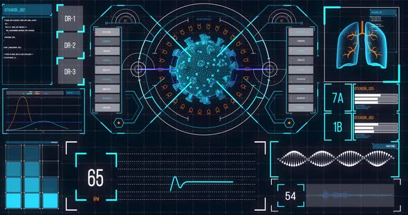 Animation of macro coronavirus Covid-19 cell analyzed on a screen with medical information alt