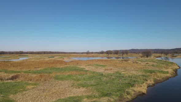 Wisconsin wetlands on a bright clear autumn day. Long grasses drying the sun on islands in the water